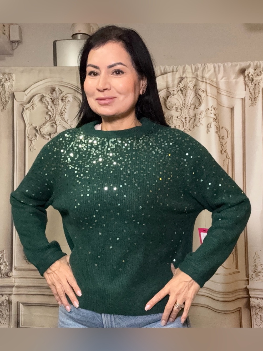 Dark Green Sequin Crewneck Sweater - Women's